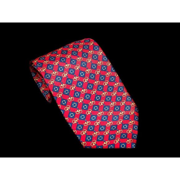 Tom James Red Yellow Geometric 100% Silk Men's Designer Tie - Picture 2 of 5